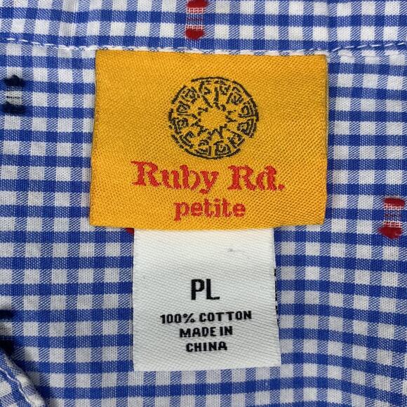 Ruby Rd. Button Down Shirt Petite Large Blue White Checkered Roll Tab Sleeves - Picture 11 of 13